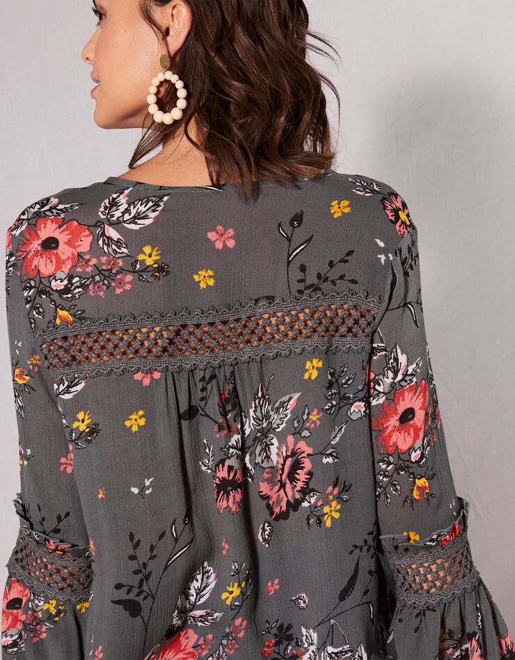 Blouse imprimée détails macramé (kaki / corail) Blouse imprimée détails macramé (kaki / corail)