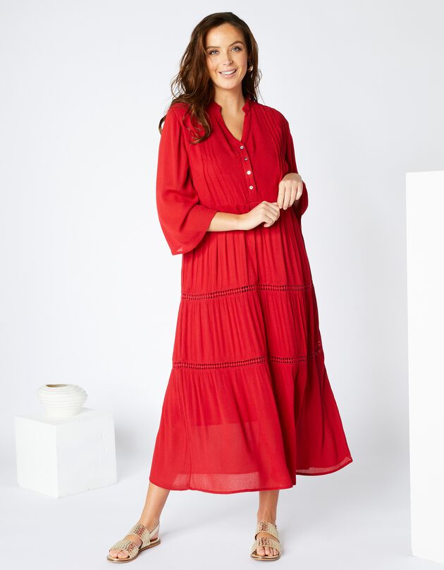 Robe longue macramé unie, crépon (paprika) Robe longue macramé unie, crépon (paprika)