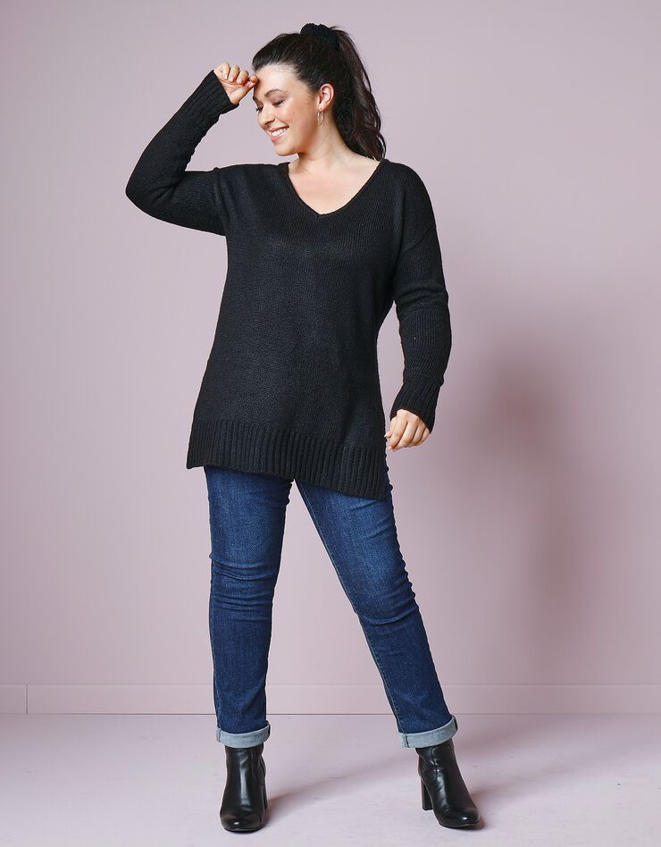 Pull tunique col V toucher mohair (noir) Pull tunique col V toucher mohair (noir)