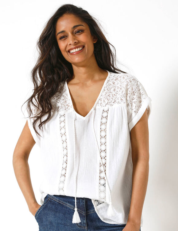 Blouse macram&eacute;, cr&eacute;pon coton (blanc cass&eacute;)