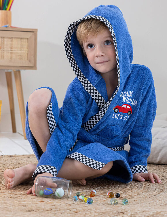 Peignoir de bain enfant Voiture &agrave; capuche - &eacute;ponge 340g/m&sup2; (bleu dur)