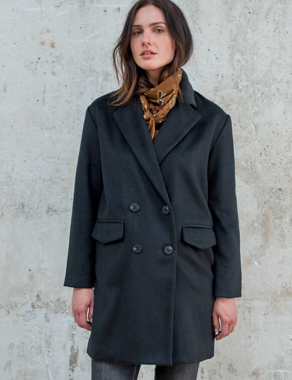 Manteau mi-long &agrave; col tailleur, boutonnage crois&eacute; (noir)