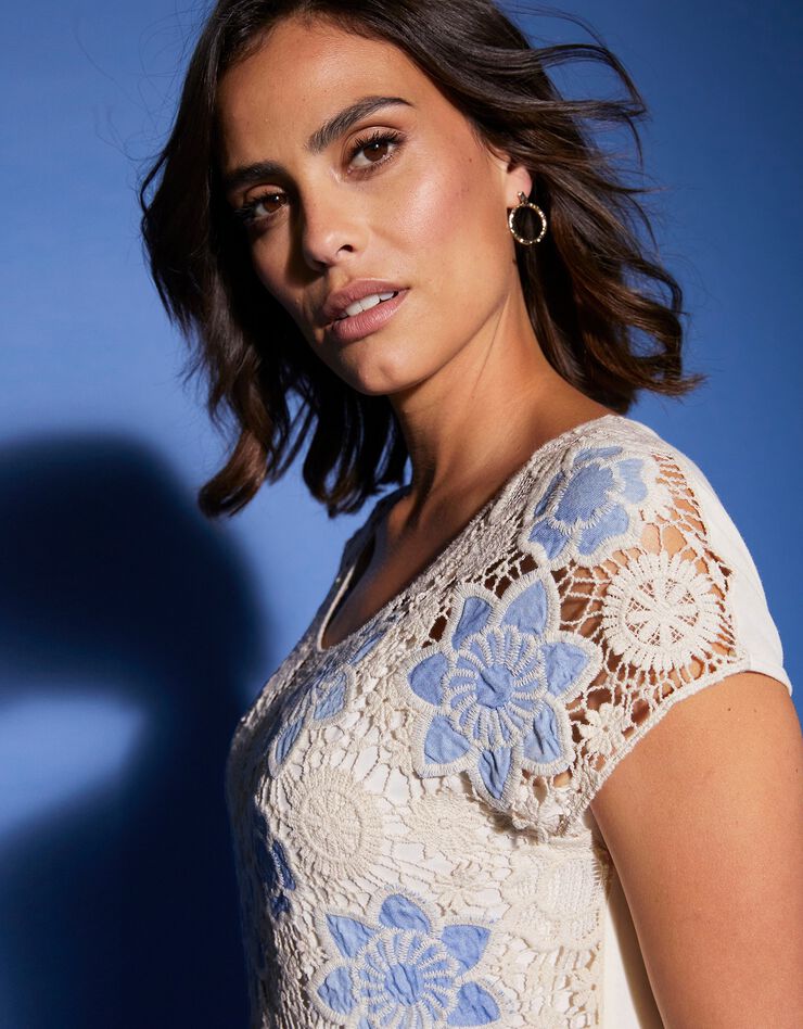 Tee-shirt macramé manches courtes (blanc / bleu) Tee-shirt macramé manches courtes (blanc / bleu)