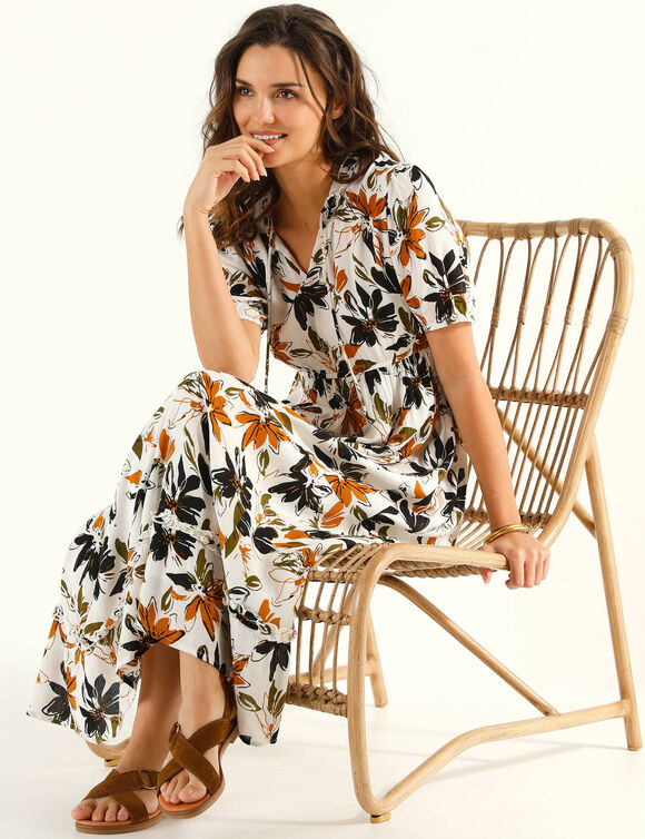 Robe longue volant&eacute;e, cr&eacute;pon imprim&eacute; (&eacute;cru / noir)