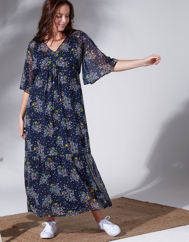 Robe longue en voile imprimé fleuri col V  (marine / anis)