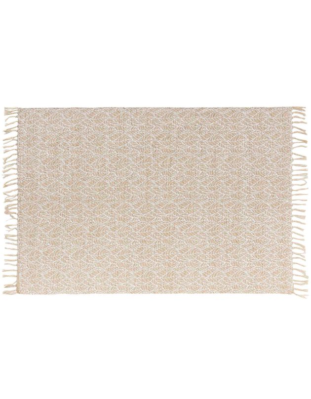 Tapis rectangulaire finition franges, motif feuillage (beige / blanc)