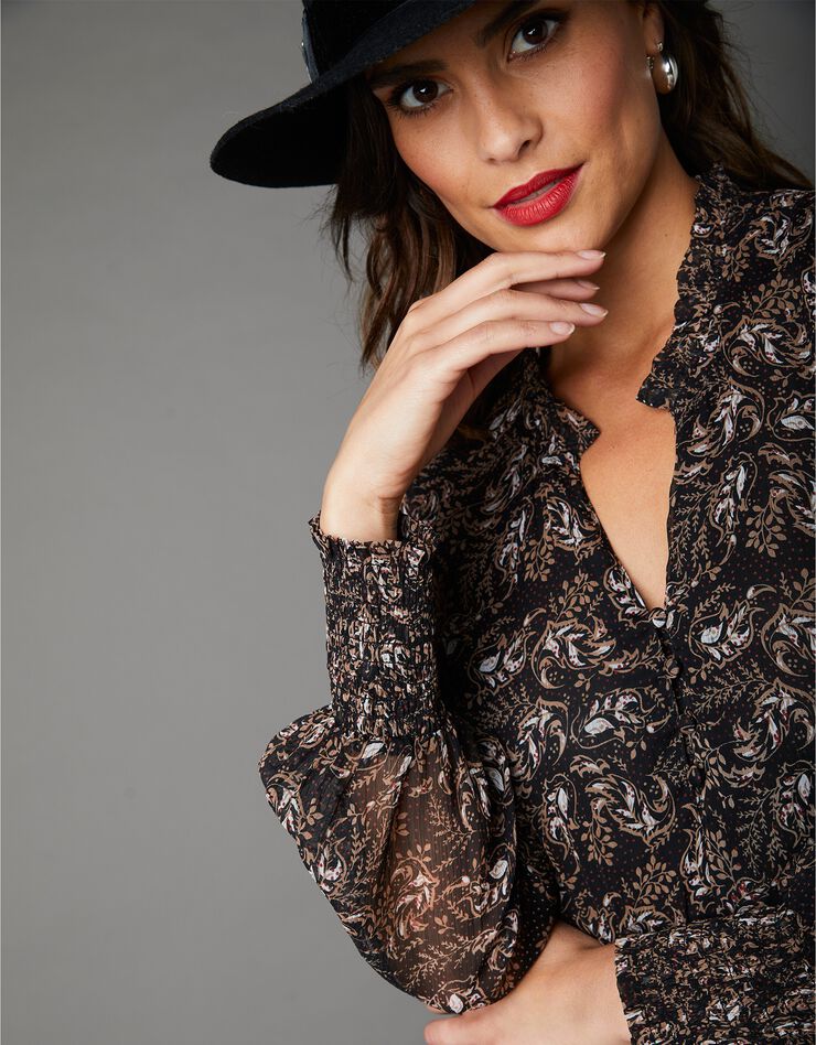 Robe mi-longue volantée imprimée (noir / beige) Robe mi-longue volantée imprimée (noir / beige)