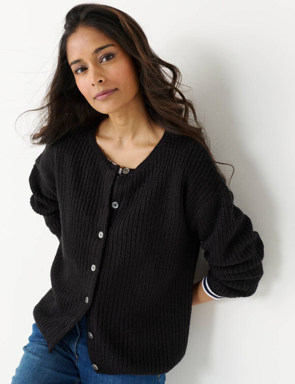 Cardigan &agrave; boutons paillet&eacute;s, maille anglaise (noir)
