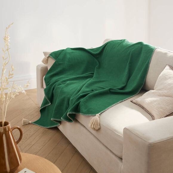 Plaid uni coton textur&eacute; (vert)