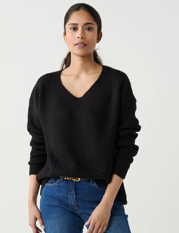 Pull col V &agrave; c&ocirc;tes en biais, maille anglaise (noir)
