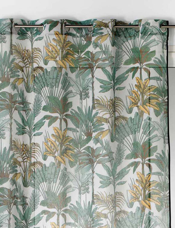 Voilage imprim&eacute; feuillage jungle, finition &oelig;illets (naturel / vert)