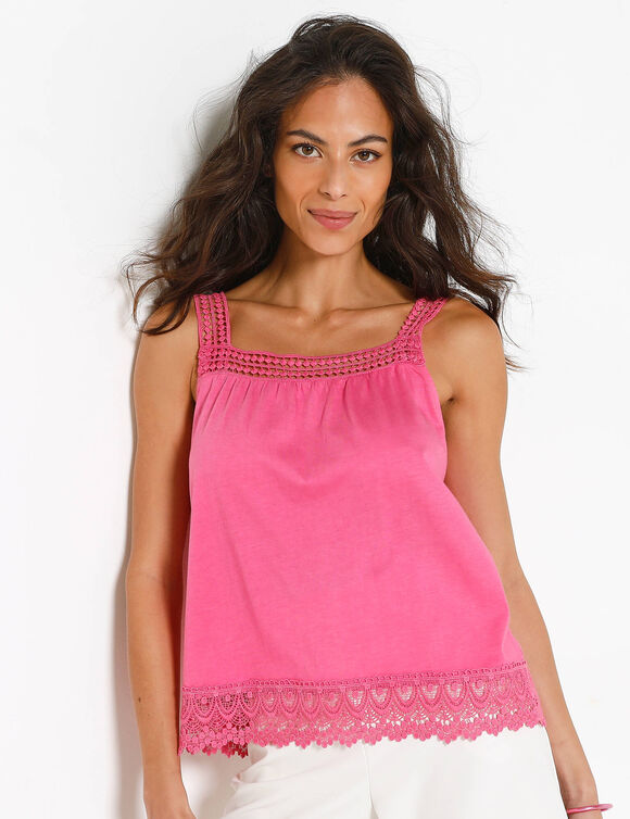 D&eacute;bardeur col carr&eacute; macram&eacute;, uni (rose)