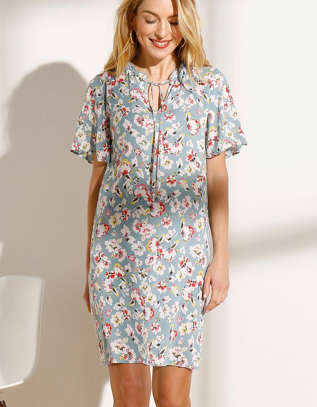 Robe crépon léger imprimé (bleu grisé) Robe crépon léger imprimé (bleu grisé)