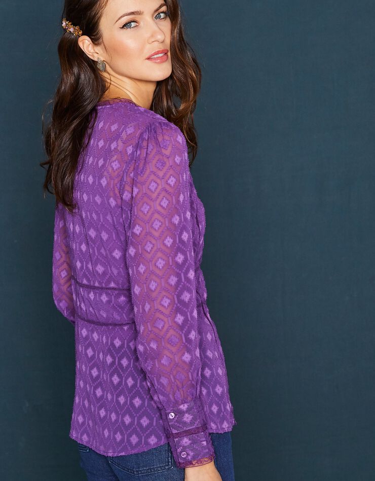 Blouse en voile jacquard dentelle - col V (violet) Blouse en voile jacquard dentelle - col V (violet)
