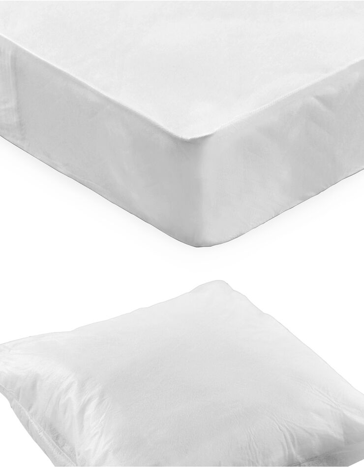 Kit jetable 1 ou 2 personnes : protège-oreillers + protège-matelas forme housse - lot de 10 (blanc) Kit jetable 1 ou 2 personnes : protège-oreillers + protège-matelas forme housse - lot de 10 (blanc)