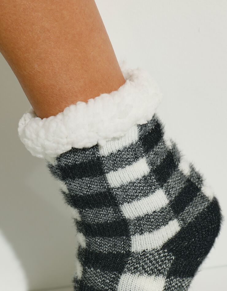 Chaussons-chaussettes fourrés antidérapants - carreaux (noir / blanc)