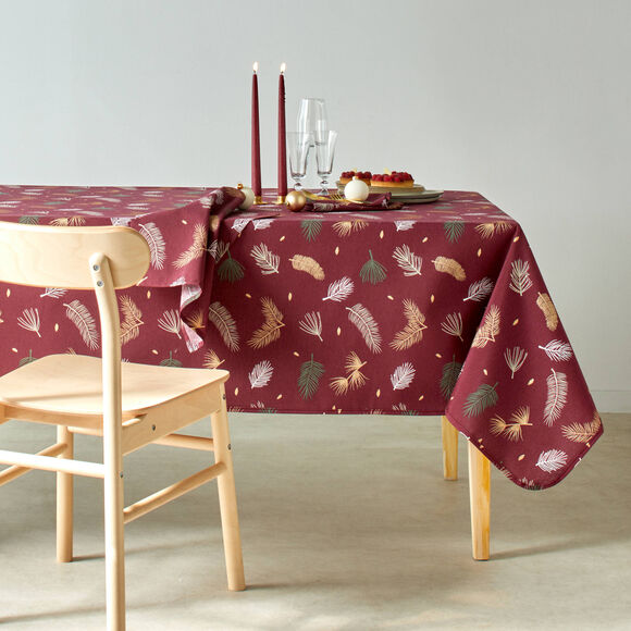 Nappe imprim&eacute;e feuillage dor&eacute; (lie de vin)
