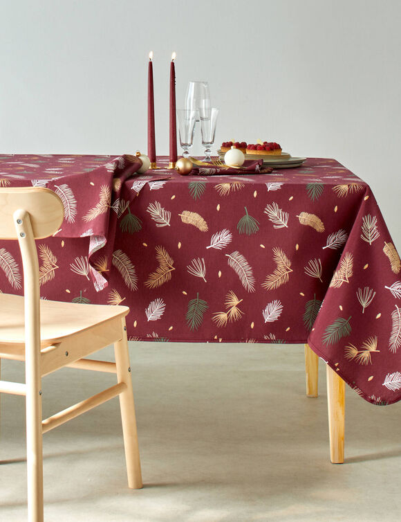Nappe imprim&eacute;e feuillage dor&eacute; (lie de vin)