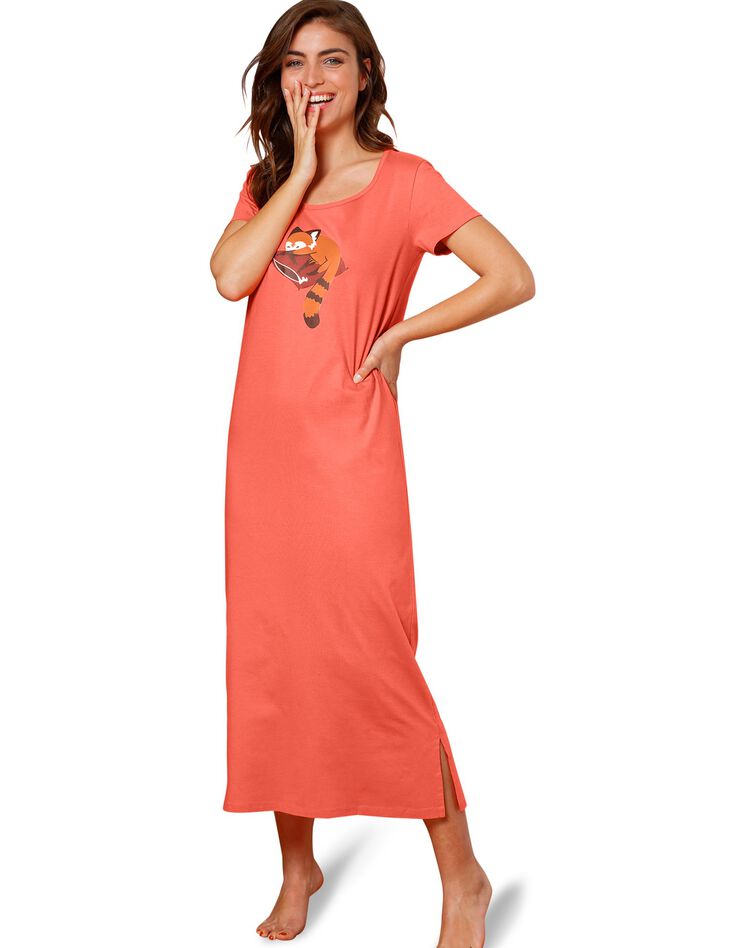 Chemise de nuit longue manches courtes motif "panda roux" (corail)