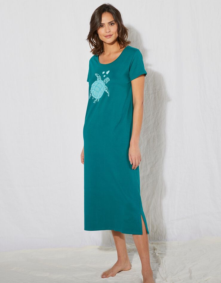 Chemise de nuit longue coton – imprimé "tortue" (vert)