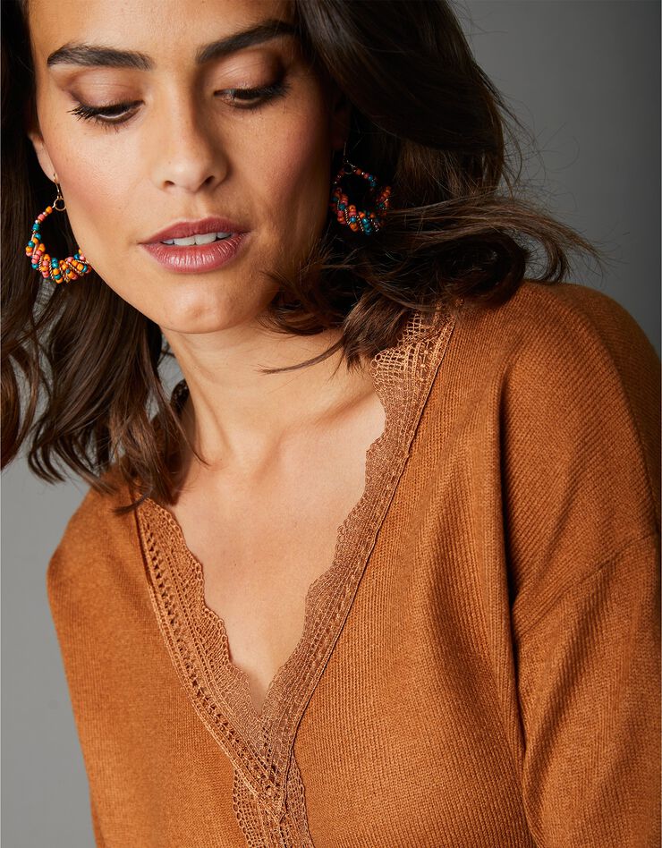 Pull toucher cachemire, finition dentelle (caramel) Pull toucher cachemire, finition dentelle (caramel)