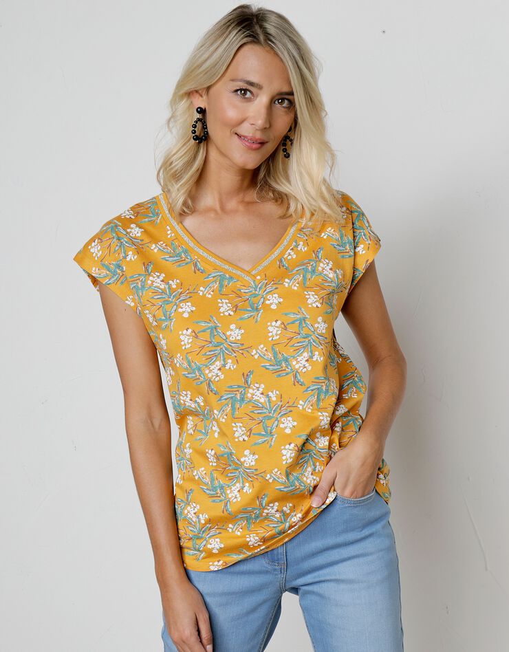 Tee-shirt épaules tombantes imprimé tropical (safran / kaki) Tee-shirt épaules tombantes imprimé tropical (safran / kaki)