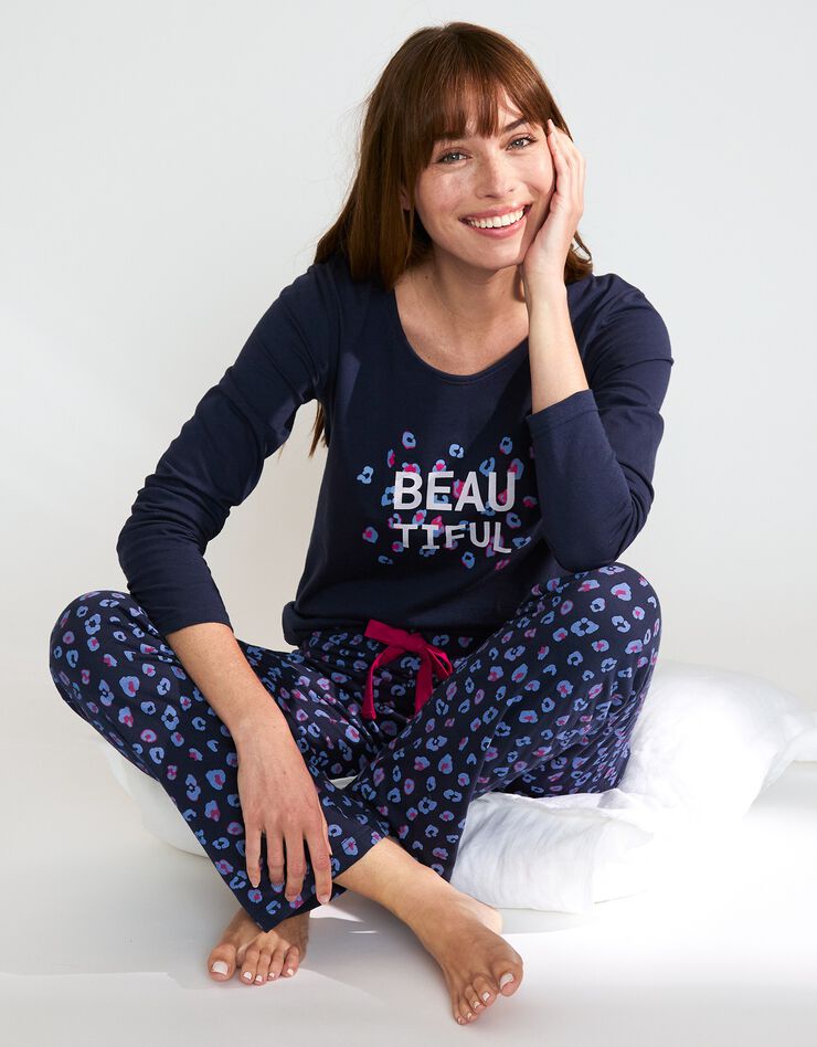 Pantalon pyjama coton imprimé "Beautiful" (marine)
