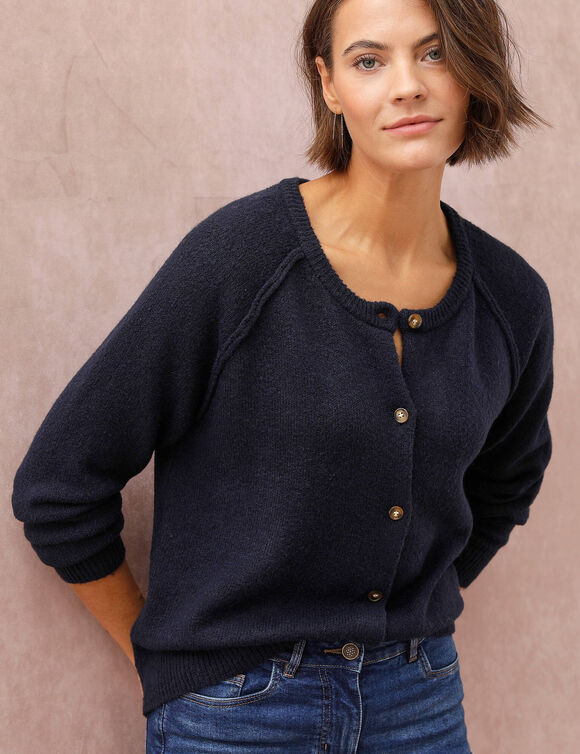 Gilet boutonn&eacute;, maille moelleuse en laine m&eacute;lang&eacute;e (marine)
