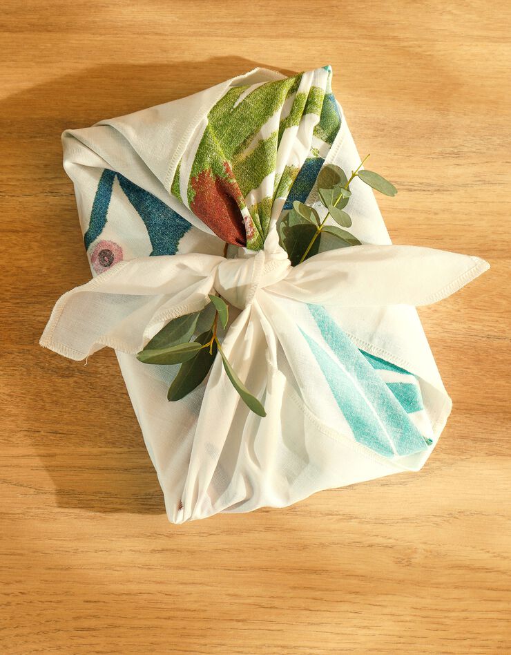Tissu cadeau furoshiki imprimé taille S, lot de 4 - collection upcycling (blanc / vert)