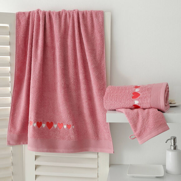 Serviettes de bain brodées cœurs (vieux rose)