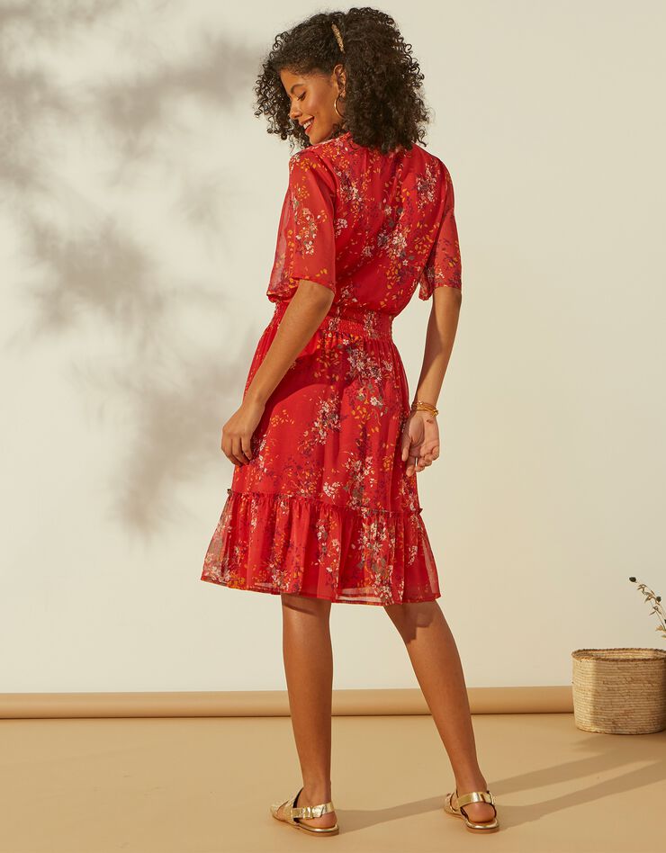 Robe volantée en voile imprimé (corail) Robe volantée en voile imprimé (corail)