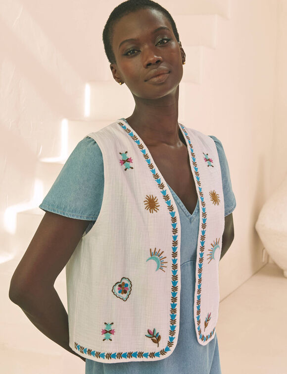 Veste brod&eacute;e en gaze de coton (&eacute;cru / bleu)