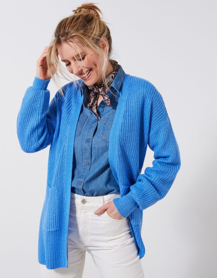 Gilet long porter ouvert, maille anglaise toucher mohair (bleu lavande)