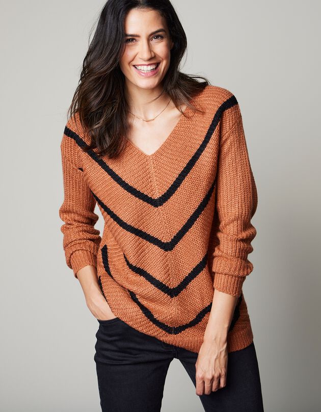 Pull col V rayé, maille anglaise toucher mohair (caramel / noir)