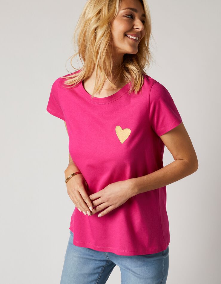 Tee-shirt uni broderie coeur manches courtes (rose)