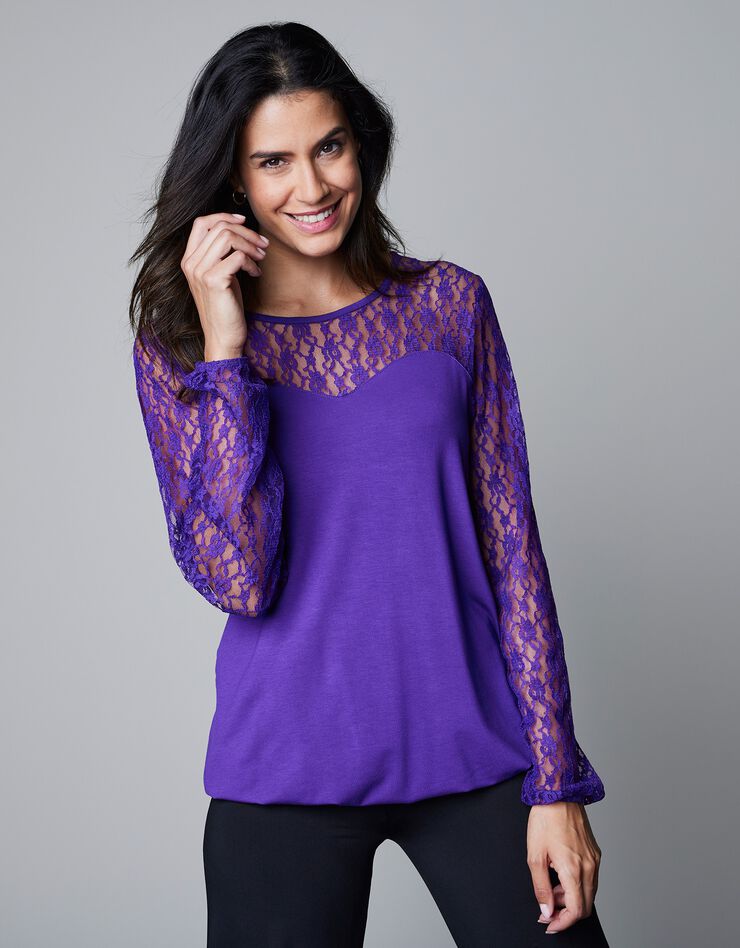 Tee-shirt empiècement dentelle - manches longues (violet)