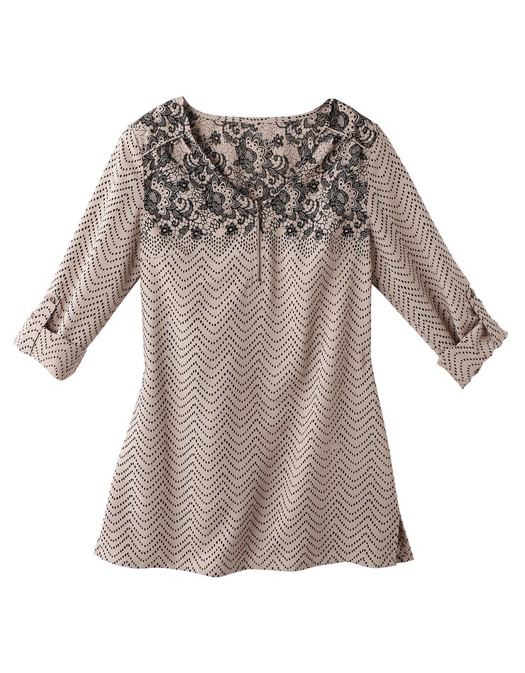 Blouse zippée imprimé dentelle - manches longues (taupe) Blouse zippée imprimé dentelle - manches longues (taupe)