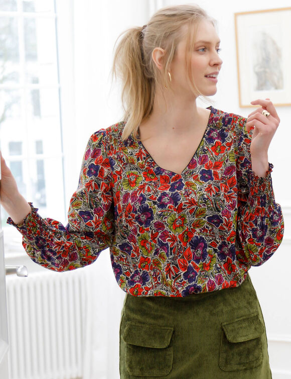 Blouse smocks épaules imprimé fleuri (marine / paprika)