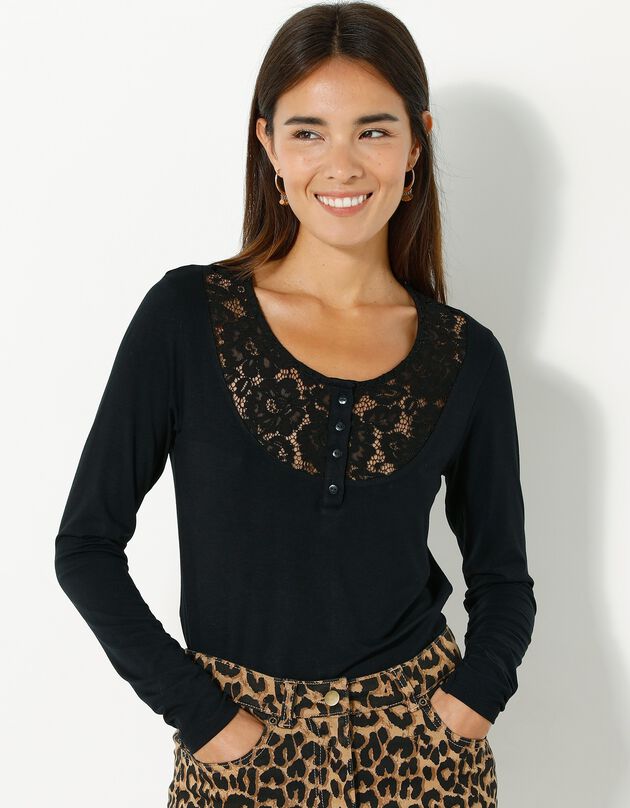 T-shirt col tunisien dentelle (noir)