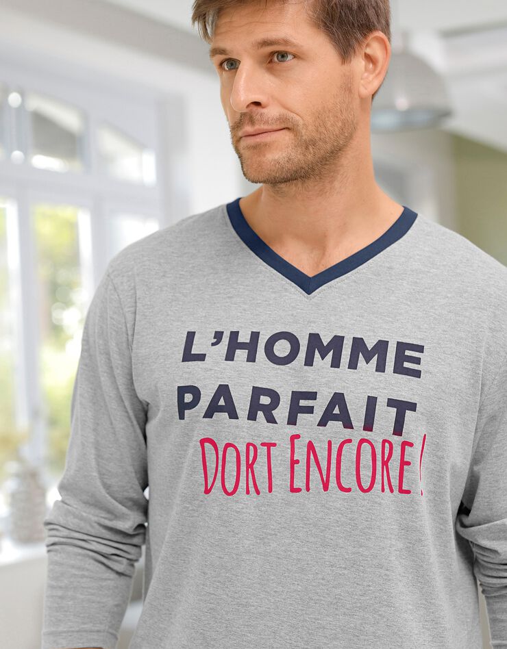 Pyjama pantalon à message col V manches longues (gris chiné / marine) Pyjama pantalon à message col V manches longues (gris chiné / marine)