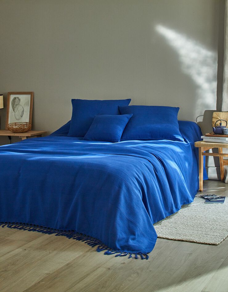 Plaid ou jeté uni coton tissage artisanal (bleu)