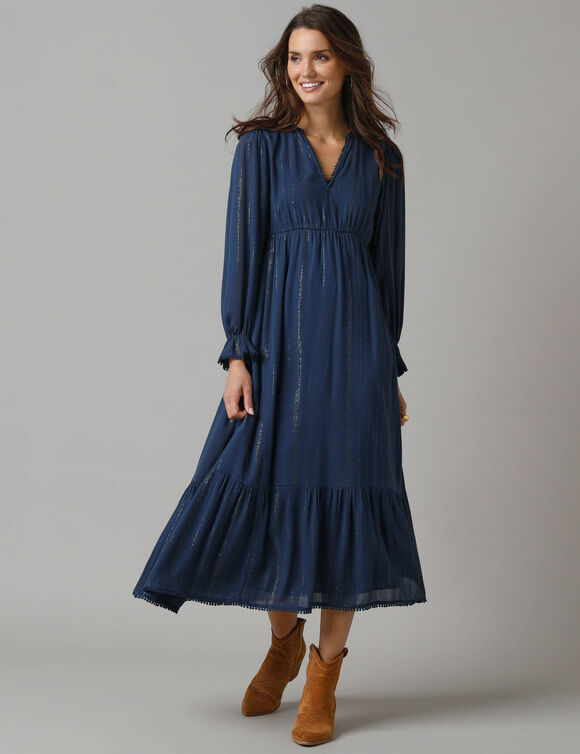 Robe longue bohème, crépon et fils brillants (marine)