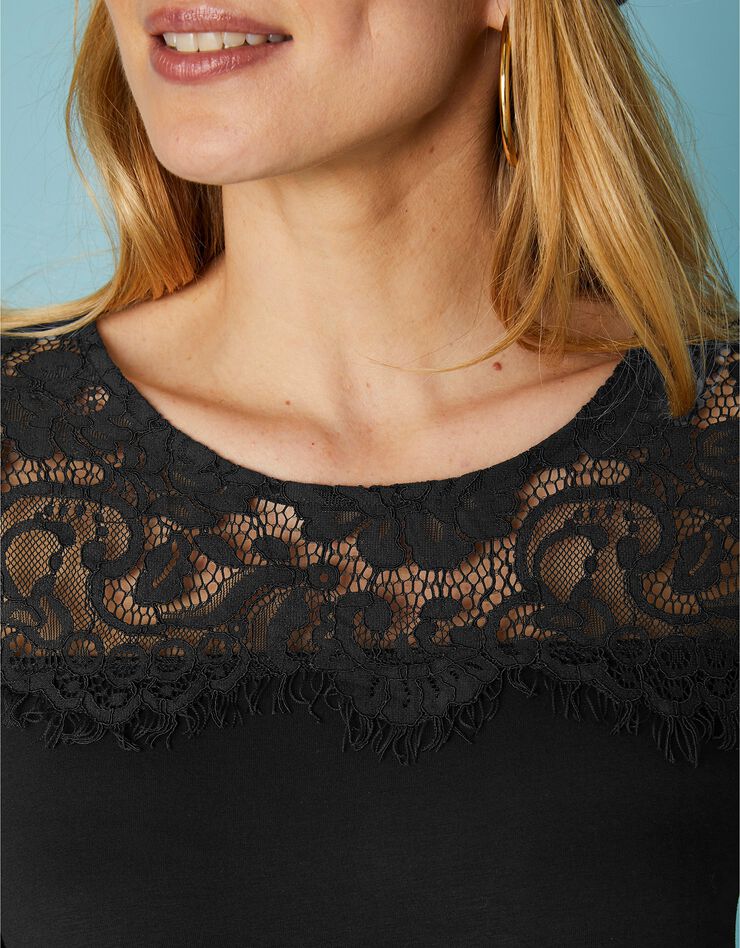 Tee-shirt col rond manches longues, dentelle jersey (noir) Tee-shirt col rond manches longues, dentelle jersey (noir)