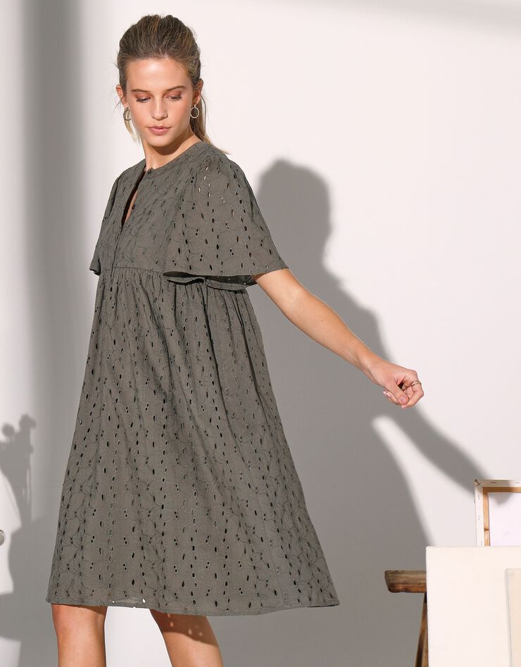 Robe évasée, broderie anglaise (kaki)