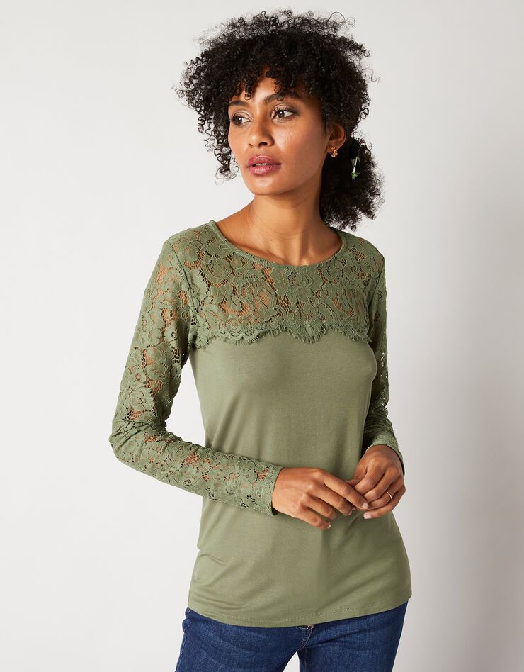 Tee-shirt col rond manches longues, dentelle jersey (bronze) Tee-shirt col rond manches longues, dentelle jersey (bronze)
