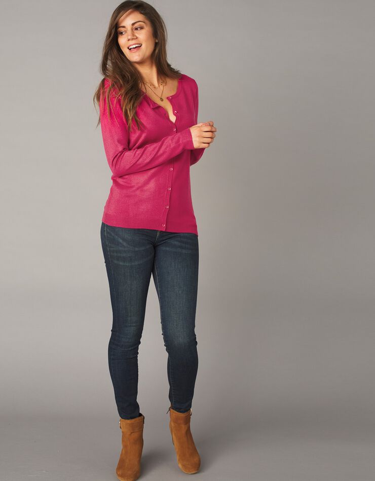 Cardigan boutonné col rond uni toucher cachemire (cerise) Cardigan boutonné col rond uni toucher cachemire (cerise)