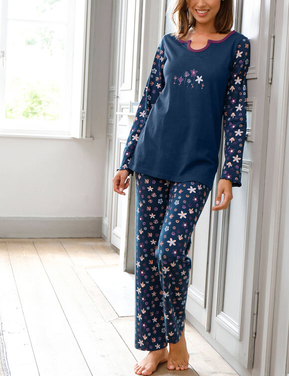 Pyjama pantalon imprim&eacute; fleurs - pur coton (marine)