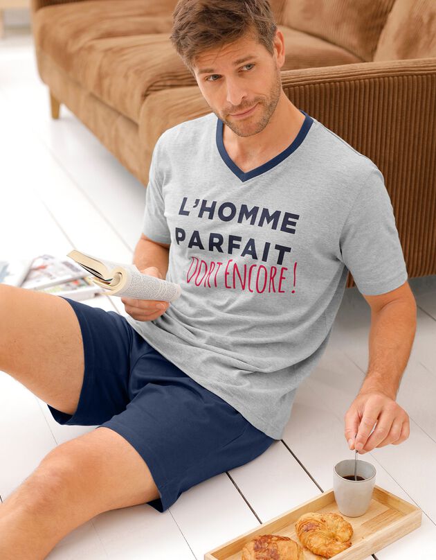 Pyjama-short col V à message (gris chiné / marine)