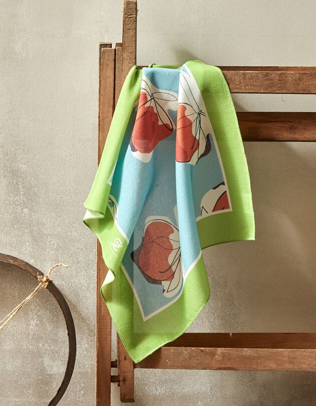 Foulard fabriqué en France imprimé pêches, 48x48 cm, coton biologique, collection "Odette Lepeltier" (bleu grisé)
