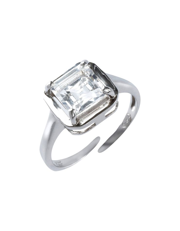 Bague réglable argent et pierre carrée en Cristal de Roche (argent)